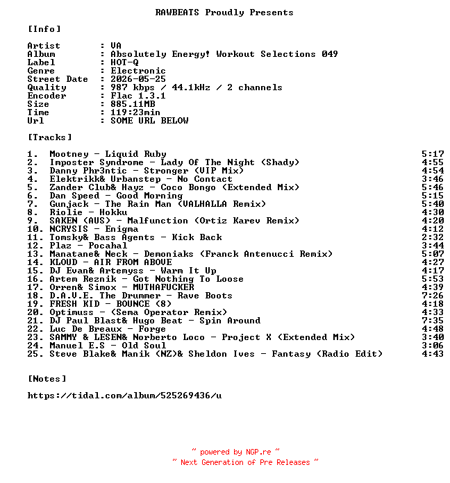 NFO for the release VA-Absolutely_Energy_Workout_Selections_049-16BIT-WEB-FLAC-2026-RAWBEATS by RAWBEATS