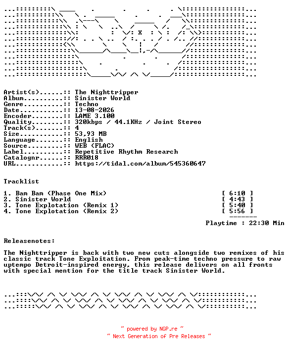 NFO for the release The_Nighttripper-Sinister_World-RRR018-WEB-2026-WAV by WAV