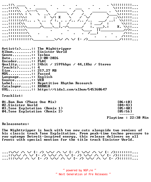 NFO for the release The_Nighttripper-Sinister_World-RRR018-24BIT-WEB-FLAC-2026-WAVED by WAVED