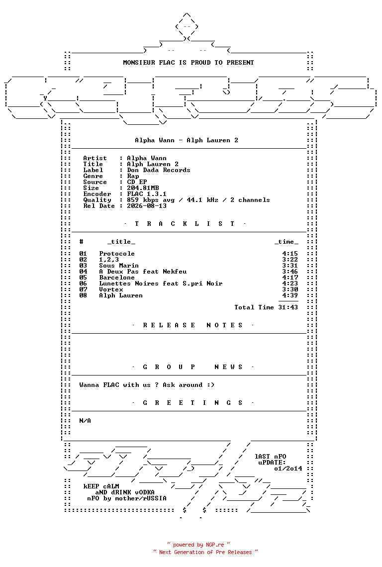 NFO for the release Alpha_Wann-Alph_Lauren_2-FR-CDEP-FLAC-2016-Mrflac by Mrflac
