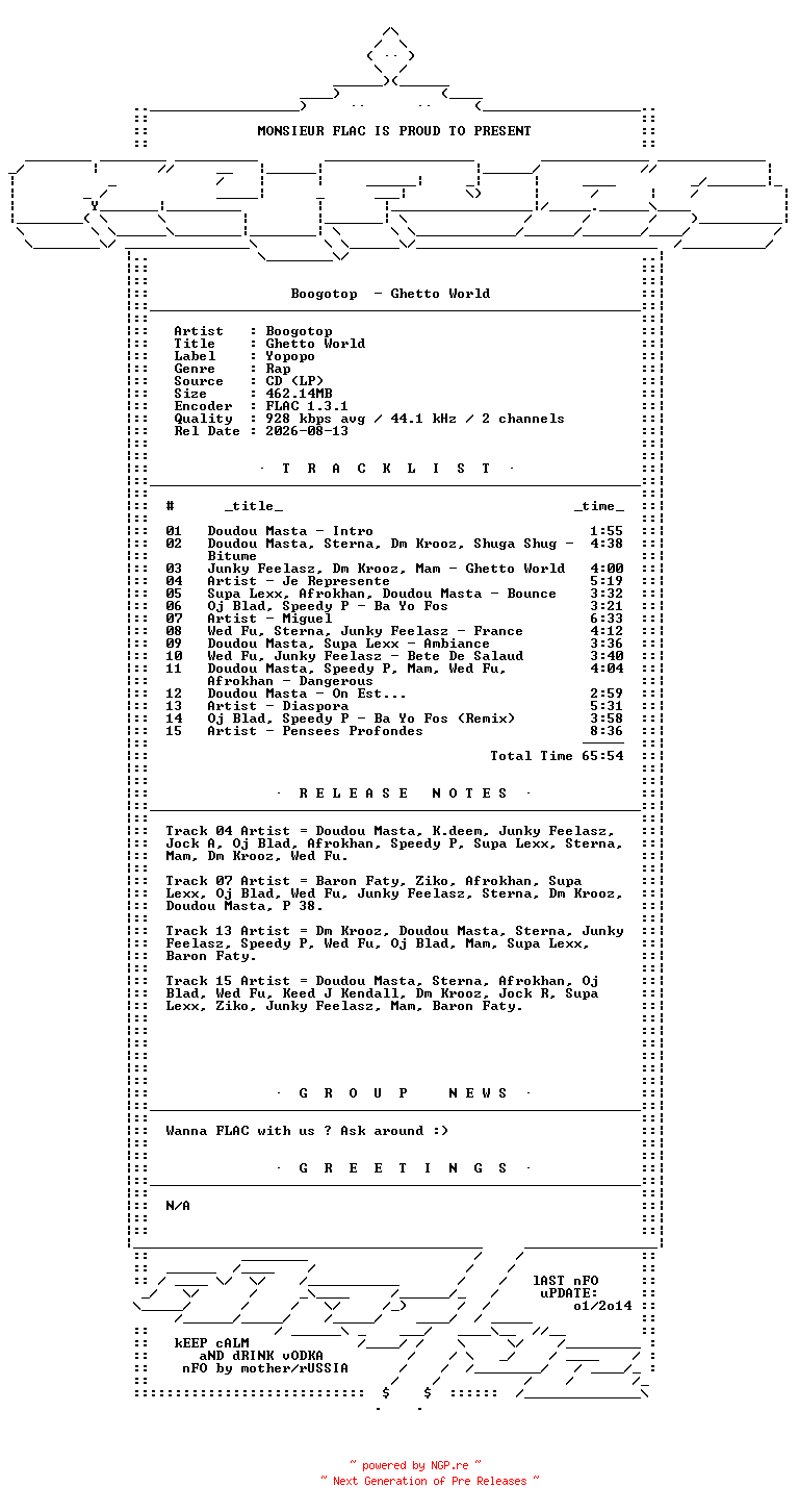 NFO for the release Boogotop-Ghetto_World-FR-CD-FLAC-2006-Mrflac by Mrflac