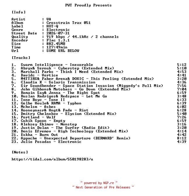 NFO for the release VA-Crosstrain_Trax_051-16BIT-WEB-FLAC-2026-PWT by PWT