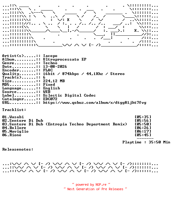 NFO for the release Iacopo-Ultraprocessato_EP-EDC072-16BIT-WEB-FLAC-2026-WAVED by WAVED