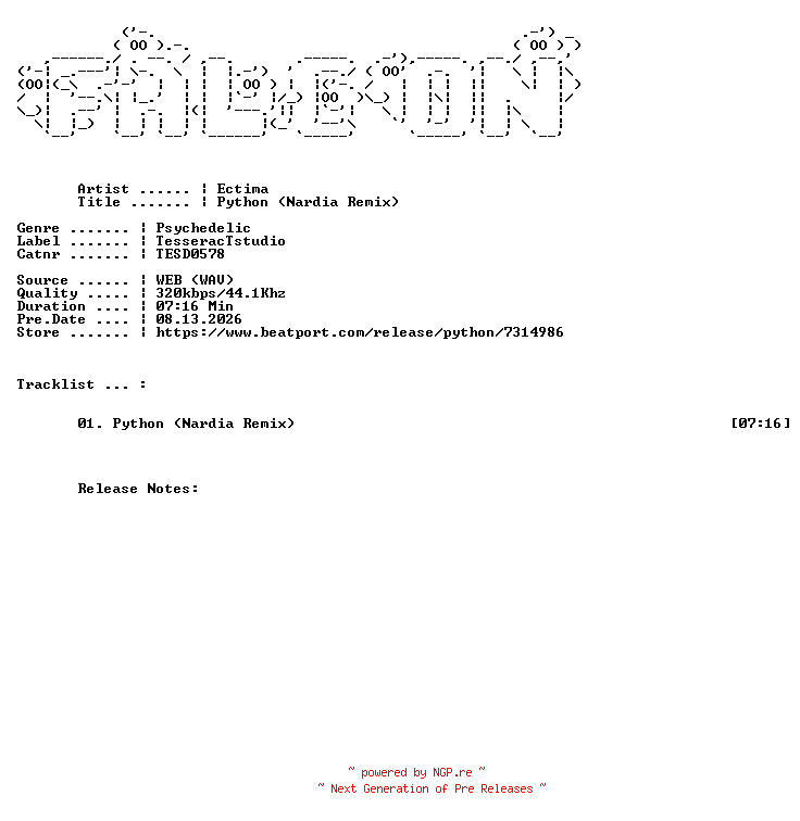 NFO for the release Ectima-Python_Nardia_Remix-(TESD0578)-SINGLE-WEB-2026-FALCON by FALCON