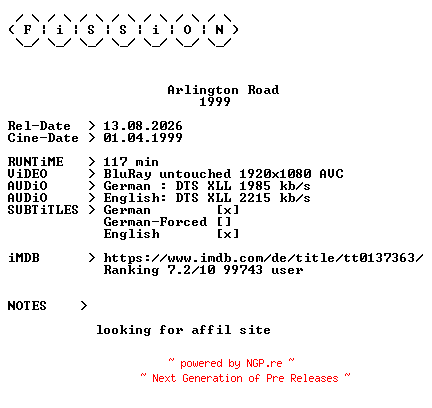 NFO for the release Arlington.Road.1999.German.DL.1080p.BluRay.AVC-FiSSiON by FiSSiON
