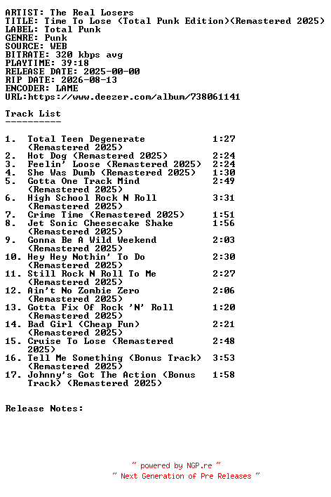 NFO for the release The_Real_Losers-Time_To_Lose_(Total_Punk_Edition)(Remastered_2025)-WEB-2025-SDR by SDR