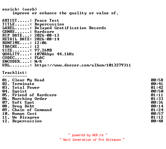 NFO for the release Peace_Test-Repercussion-16BIT-WEB-FLAC-2026-ENRiCH by ENRiCH