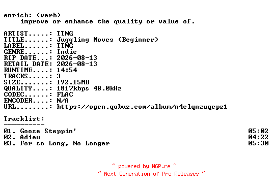 NFO for the release TTNG-Juggling_Moves_(Beginner)-EP-24BIT-WEB-FLAC-2026-ENRiCH by ENRiCH