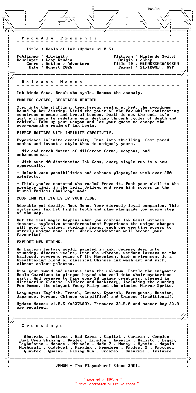 NFO for the release Realm_of_Ink_Update_v1.0.5_NSW-VENOM by VENOM