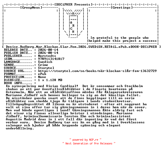 NFO for the release Denise.Rudberg.Nar.Klockan.Slar.Fem.2026.SWEDiSH.RETAiL.ePub.eBOOK-DECiPHER by DECiPHER