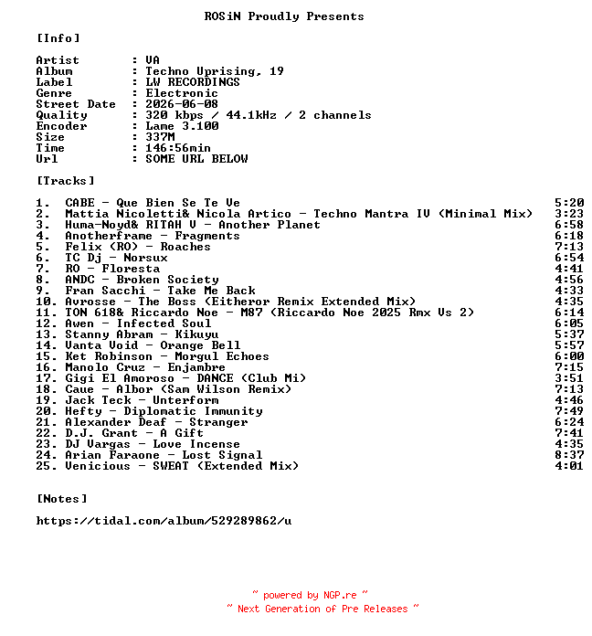 NFO for the release VA-Techno_Uprising_19-WEB-2026-ROSiN by ROSiN