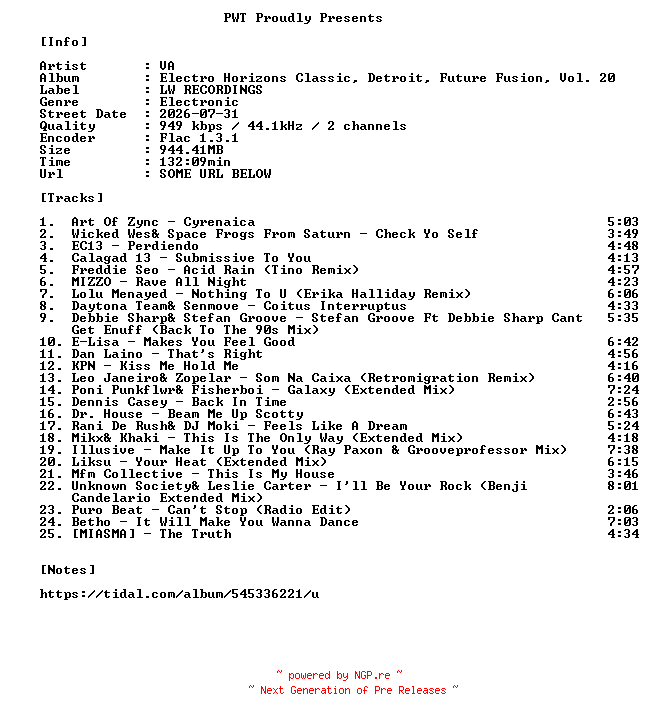 NFO for the release VA-Electro_Horizons_Classic_Detroit_Future_Fusion_Vol._20-16BIT-WEB-FLAC-2026-PWT by PWT