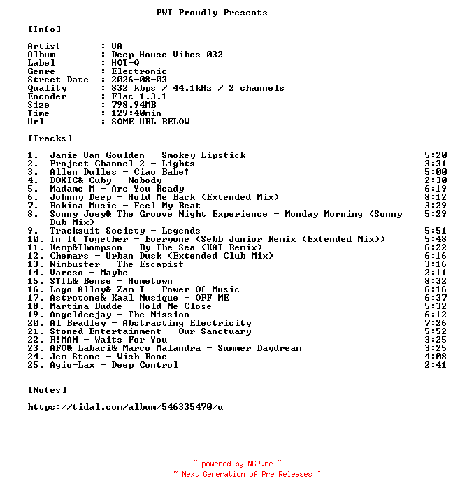 NFO for the release VA-Deep_House_Vibes_032-16BIT-WEB-FLAC-2026-PWT by PWT