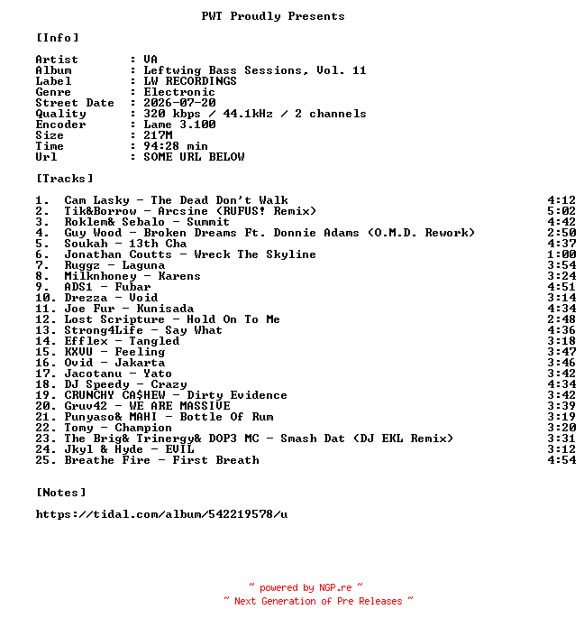 NFO for the release VA-Leftwing_Bass_Sessions_Vol._11-WEB-2026-PWT by PWT
