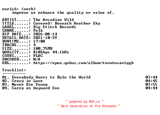 NFO for the release The_Arcadian_Wild-Covered_Beneath_Another_Sky-EP-16BIT-WEB-FLAC-2021-ENRiCH by ENRiCH