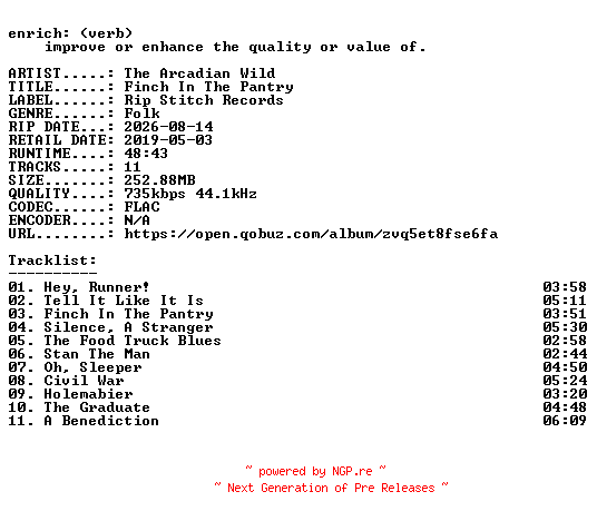 NFO for the release The_Arcadian_Wild-Finch_In_The_Pantry-16BIT-WEB-FLAC-2019-ENRiCH by ENRiCH