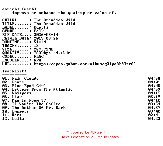 NFO for the release The_Arcadian_Wild-The_Arcadian_Wild-16BIT-WEB-FLAC-2015-ENRiCH by ENRiCH