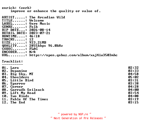 NFO for the release The_Arcadian_Wild-Welcome-24BIT-WEB-FLAC-2023-ENRiCH by ENRiCH