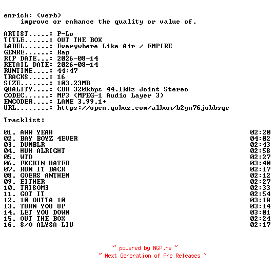 NFO for the release P-Lo-OUT_THE_BOX-WEB-2026-ENRiCH by ENRiCH