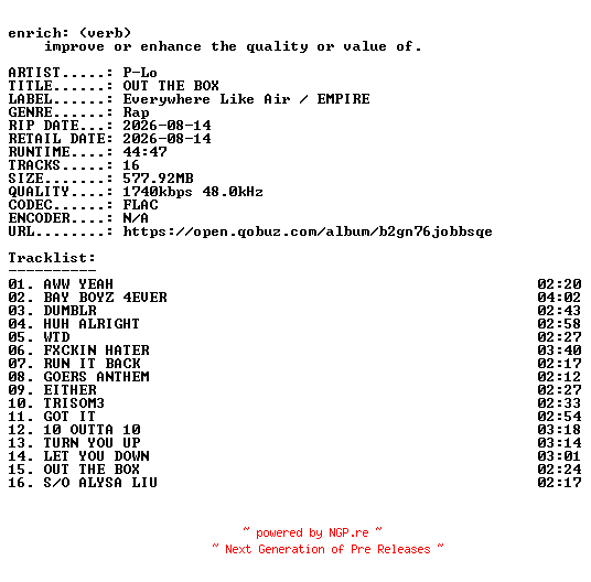 NFO for the release P-Lo-OUT_THE_BOX-24BIT-WEB-FLAC-2026-ENRiCH by ENRiCH