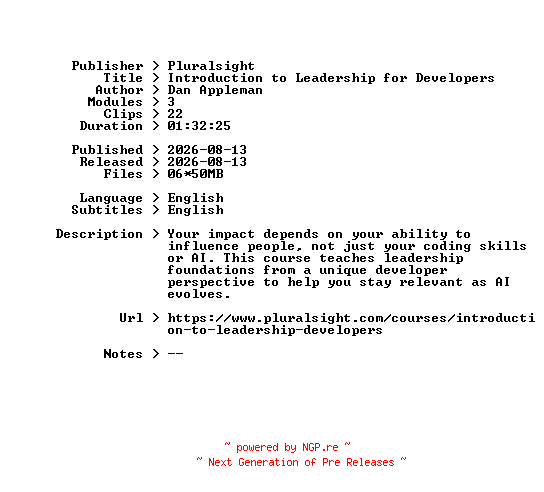 NFO for the release Pluralsight.Introduction.to.Leadership.for.Developers.2026.BOOKWARE-GETH by GETH