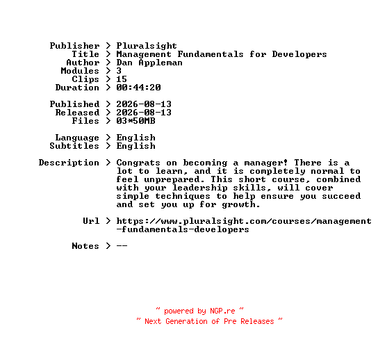 NFO for the release Pluralsight.Management.Fundamentals.for.Developers.2026.BOOKWARE-GETH by GETH