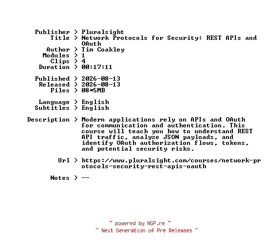 NFO for the release Pluralsight.Network.Protocols.for.Security.REST.APIs.and.OAuth.2026.BOOKWARE-GETH by GETH