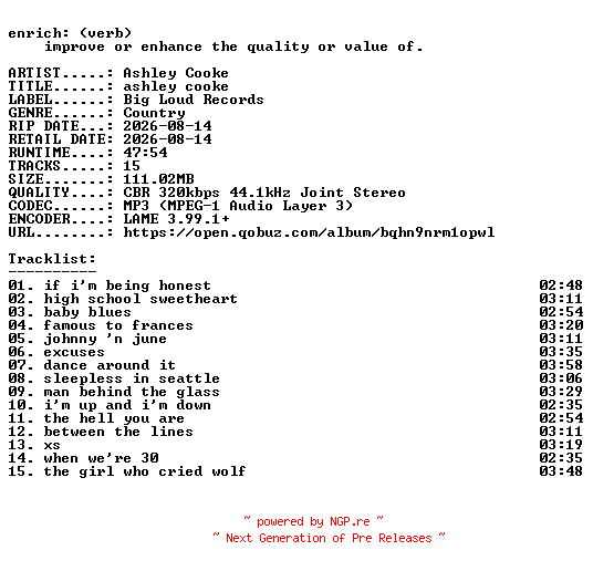 NFO for the release Ashley_Cooke-ashley_cooke-WEB-2026-ENRiCH by ENRiCH