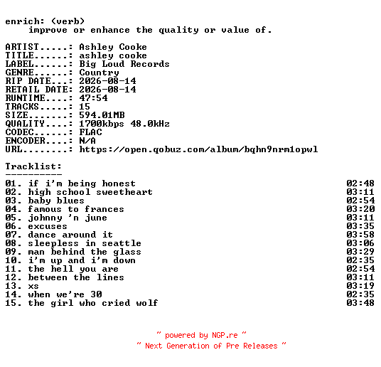 NFO for the release Ashley_Cooke-ashley_cooke-24BIT-WEB-FLAC-2026-ENRiCH by ENRiCH