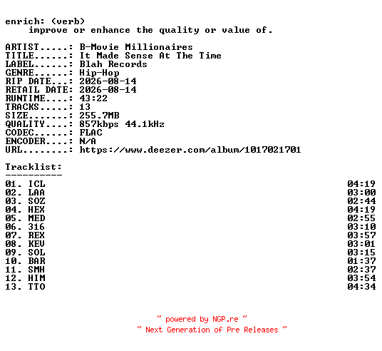 NFO for the release B-Movie_Millionaires-It_Made_Sense_At_The_Time-16BIT-WEB-FLAC-2026-ENRiCH by ENRiCH
