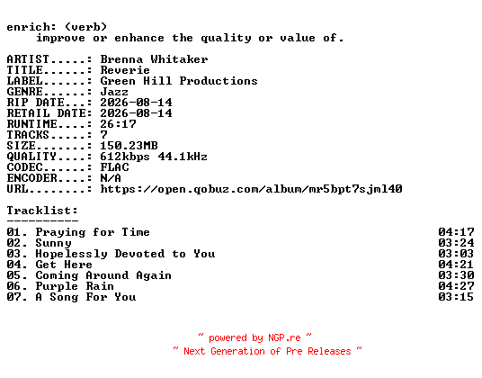 NFO for the release Brenna_Whitaker-Reverie-16BIT-WEB-FLAC-2026-ENRiCH by ENRiCH