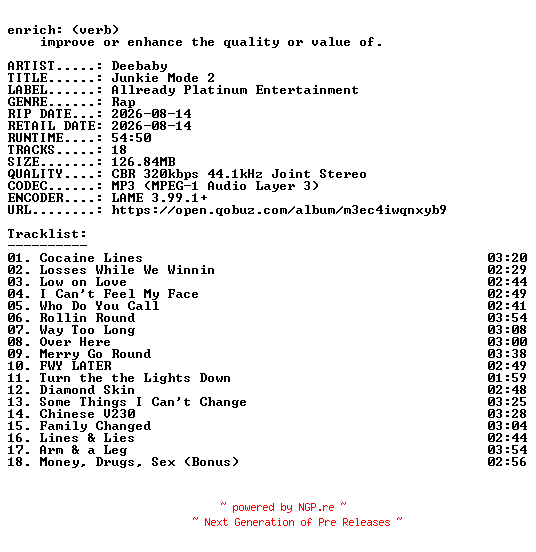 NFO for the release Deebaby-Junkie_Mode_2-WEB-2026-ENRiCH by ENRiCH