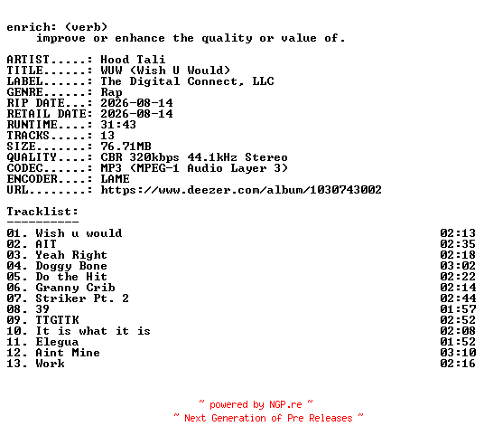 NFO for the release Hood_Tali-WUW_(Wish_U_Would)-WEB-2026-ENRiCH by ENRiCH