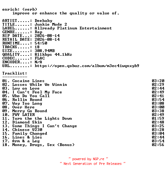 NFO for the release Deebaby-Junkie_Mode_2-16BIT-WEB-FLAC-2026-ENRiCH by ENRiCH
