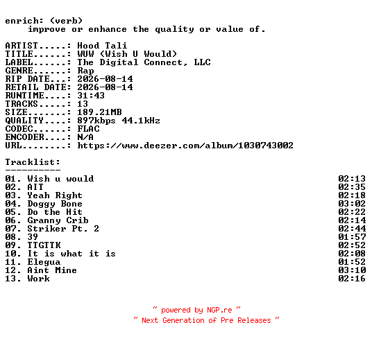 NFO for the release Hood_Tali-WUW_(Wish_U_Would)-16BIT-WEB-FLAC-2026-ENRiCH by ENRiCH