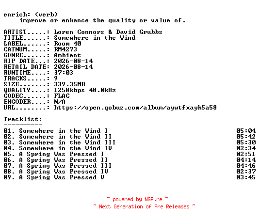 NFO for the release Loren_Connors_and_David_Grubbs-Somewhere_in_the_Wind-(RM4273)-24BIT-WEB-FLAC-2026-ENRiCH by ENRiCH