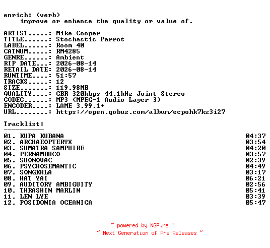NFO for the release Mike_Cooper-Stochastic_Parrot-(RM4285)-WEB-2026-ENRiCH by ENRiCH