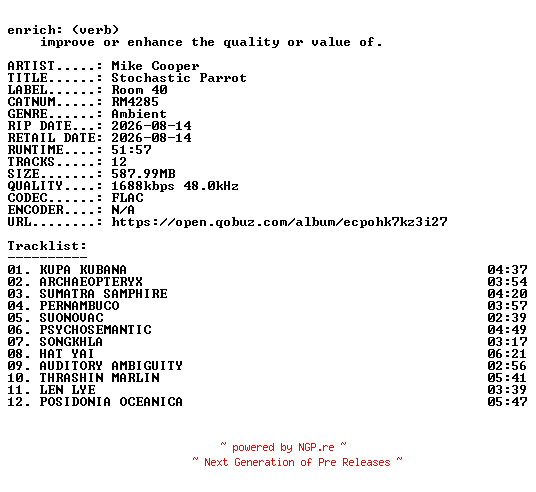 NFO for the release Mike_Cooper-Stochastic_Parrot-(RM4285)-24BIT-WEB-FLAC-2026-ENRiCH by ENRiCH