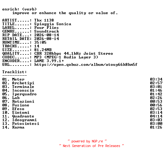 NFO for the release Thx_1138-Spiaggia_Sonica-OST-WEB-2026-ENRiCH by ENRiCH