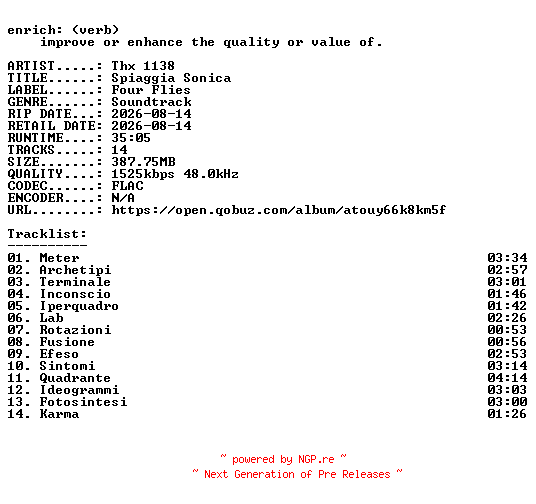 NFO for the release Thx_1138-Spiaggia_Sonica-OST-24BIT-WEB-FLAC-2026-ENRiCH by ENRiCH