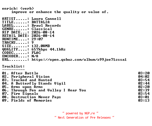 NFO for the release Laura_Cannell-BATTALIA-16BIT-WEB-FLAC-2026-ENRiCH by ENRiCH