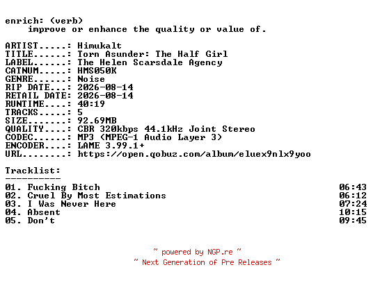 NFO for the release Himukalt-Torn_Asunder_The_Half_Girl-(HMS050K)-WEB-2026-ENRiCH by ENRiCH