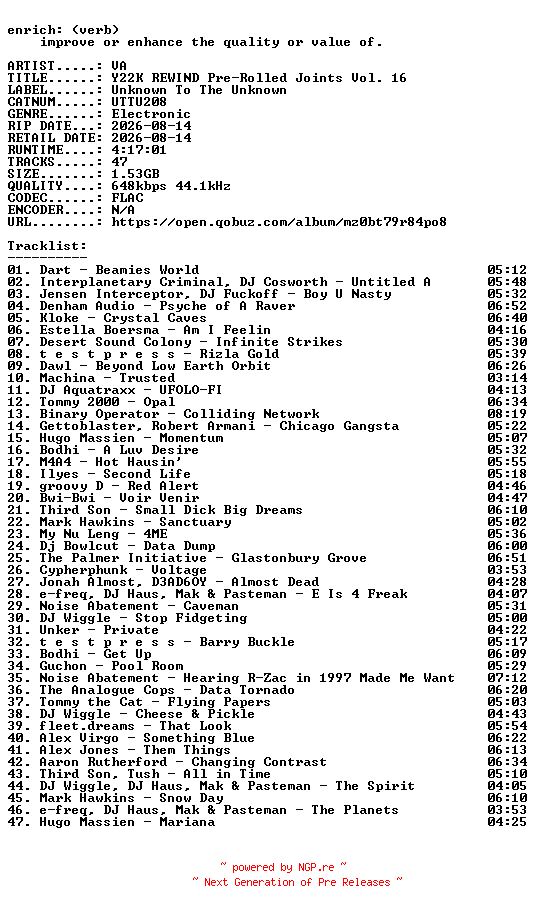 NFO for the release VA-Y22K_REWIND_Pre-Rolled_Joints_Vol._16-(UTTU208)-16BIT-WEB-FLAC-2026-ENRiCH by ENRiCH