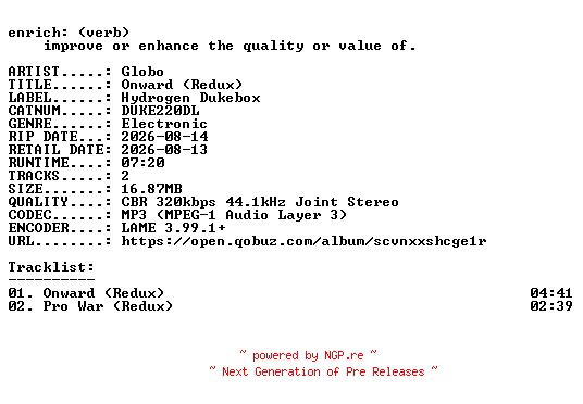 NFO for the release Globo-Onward_(Redux)-(DUKE220DL)-WEB-2026-ENRiCH by ENRiCH