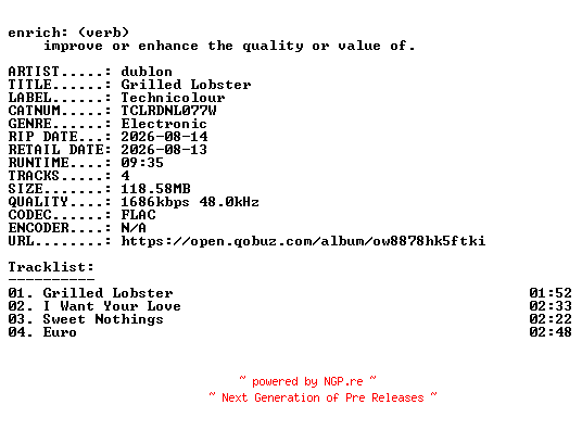 NFO for the release dublon-Grilled_Lobster-(TCLRDNL077W)-24BIT-WEB-FLAC-2026-ENRiCH by ENRiCH