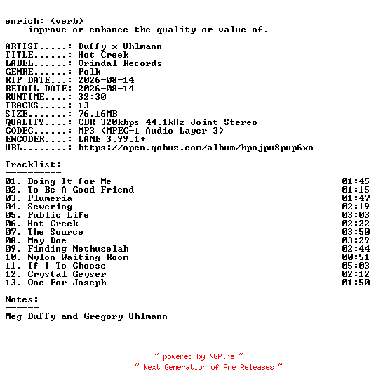NFO for the release Duffy_x_Uhlmann-Hot_Creek-WEB-2026-ENRiCH by ENRiCH