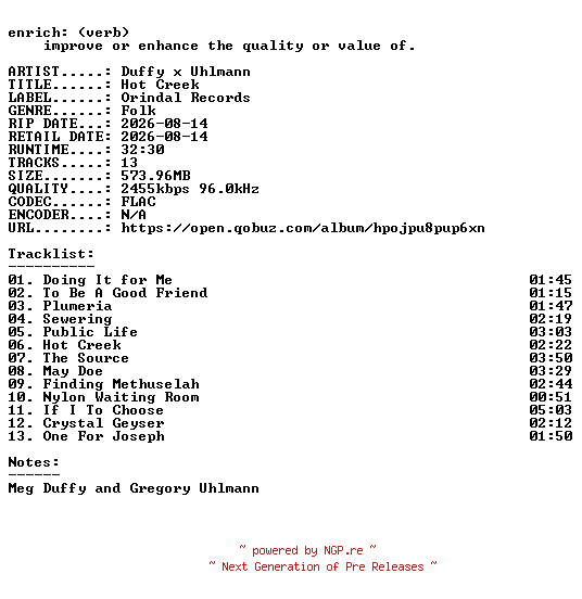 NFO for the release Duffy_x_Uhlmann-Hot_Creek-24BIT-WEB-FLAC-2026-ENRiCH by ENRiCH