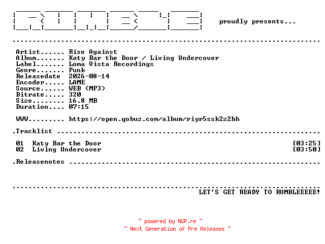 NFO for the release Rise_Against-Katy_Bar_the_Door__Living_Undercover-SINGLE-(WEB)-2026-RUMBLE by RUMBLE