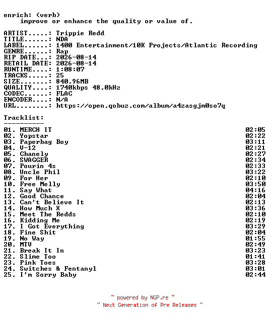 NFO for the release Trippie_Redd-NDA-24BIT-WEB-FLAC-2026-ENRiCH by ENRiCH