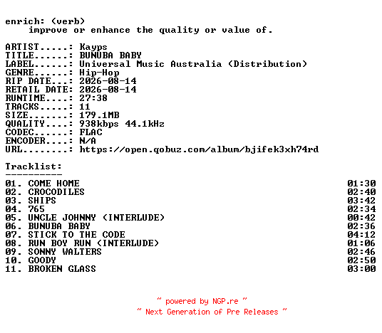 NFO for the release Kayps-BUNUBA_BABY-16BIT-WEB-FLAC-2026-ENRiCH by ENRiCH